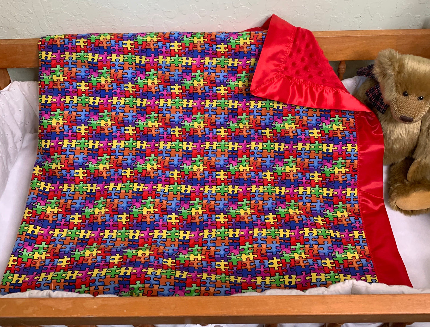 đ§ŠPuzzle Pieces/Autism Awareness Minky Crib Blanket with Satin