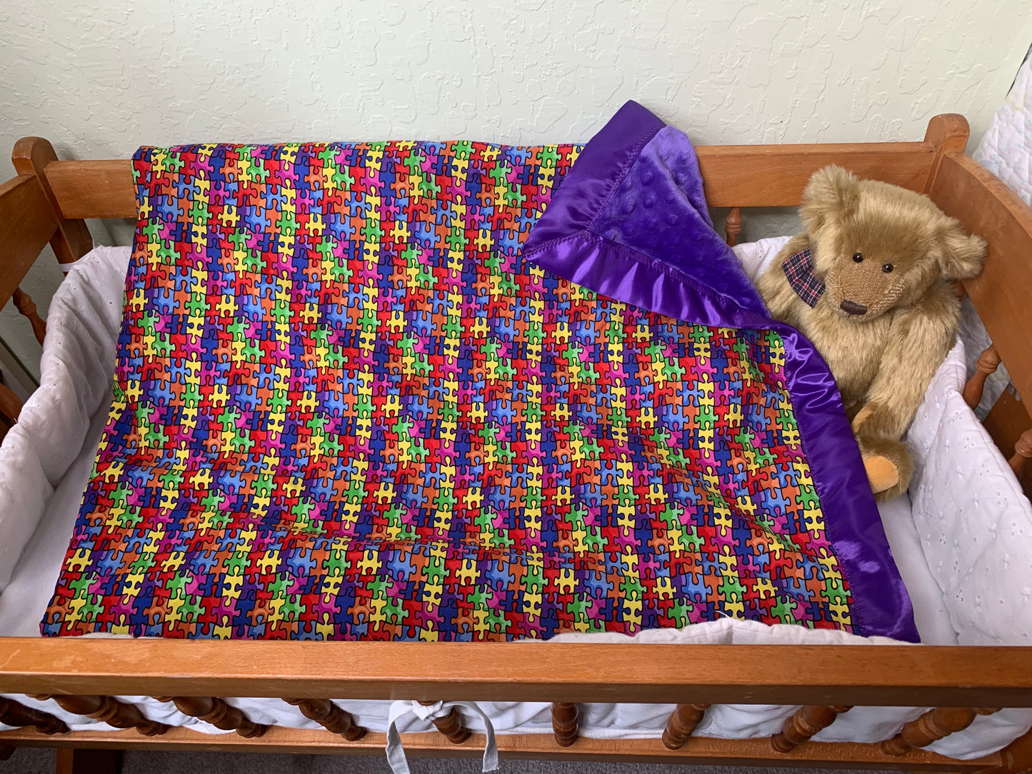 đź§©Puzzle Pieces/Autism Awareness Minky Crib Blanket with Satin