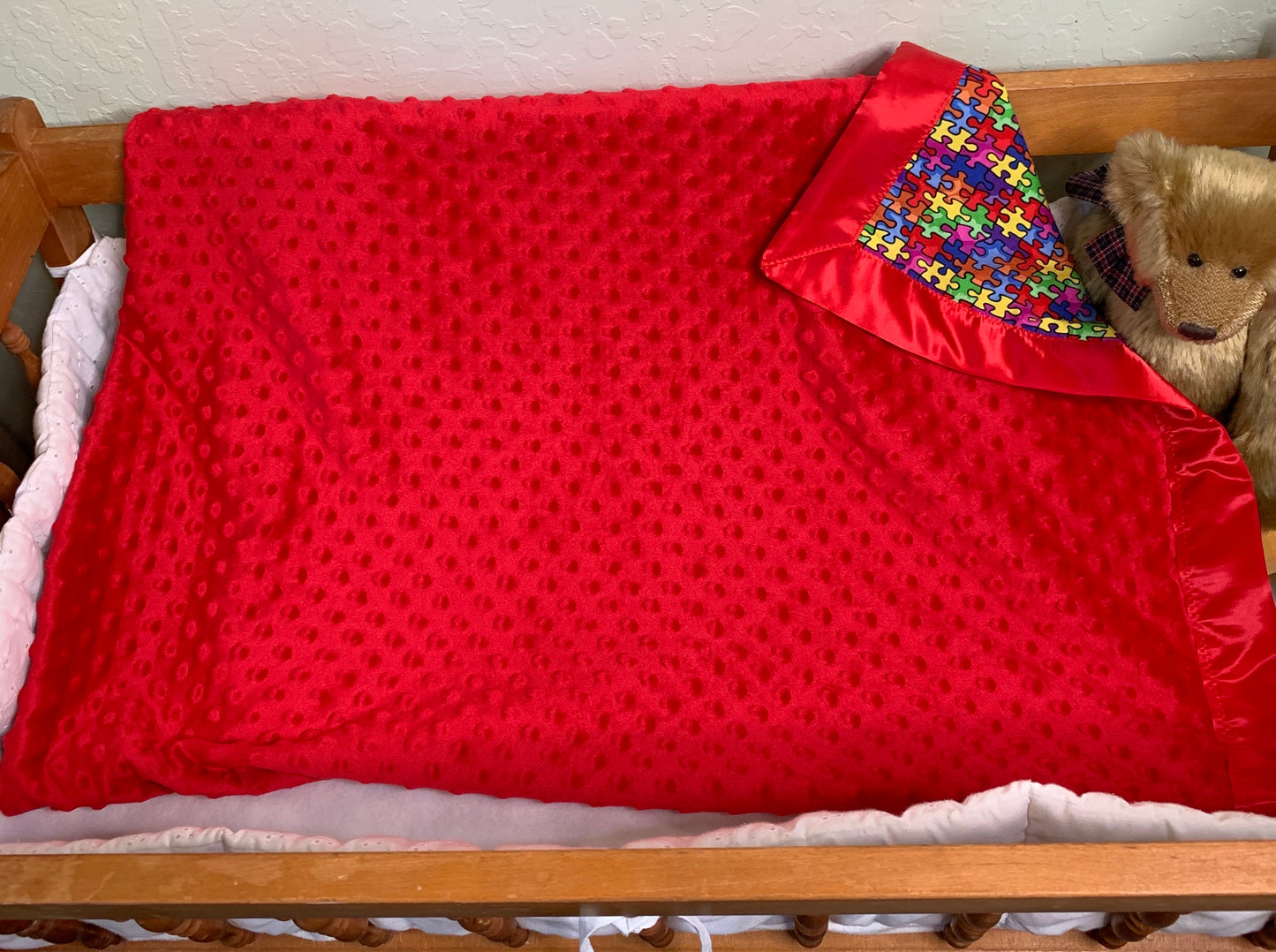 đ§ŠPuzzle Pieces/Autism Awareness Minky Crib Blanket with Satin