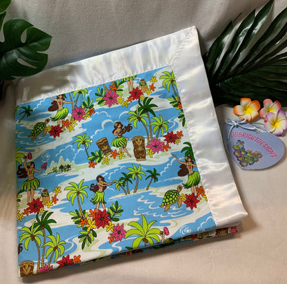 Hula Girls and Tikis 100% cotton with satin trim baby blanket