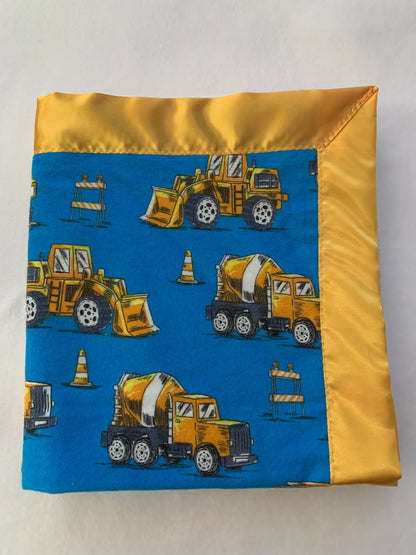 100% cotton construction vehicle print baby blanket with satin trim