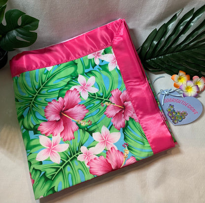 100% cotton hibiscus print with satin trim