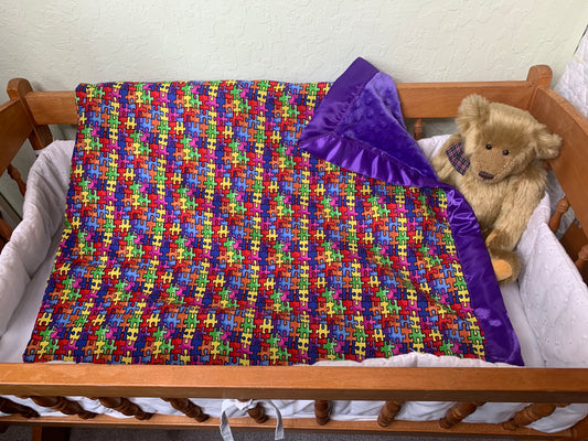 🧩Puzzle Pieces/Autism Awareness Minky Crib Blanket with Satin