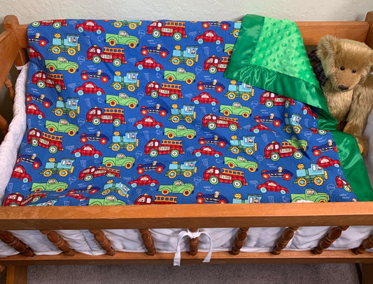 🚑🚒Vehicle’s Minky Crib Blanket with Satin